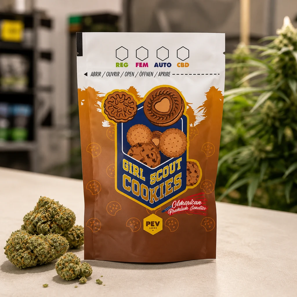 Bolsa Girl Scout Cookies con cierre superior, dibujos de galletas y logotipo PEV Seeds, junto a cogollos sobre una mesa.