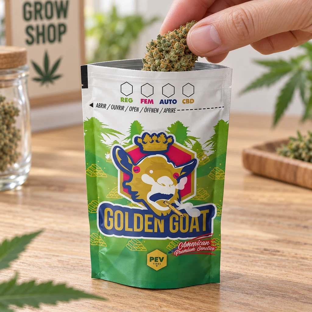 Una mano introduce un cogollo en una bolsa verde abierta, rotulada Golden Goat y decorada con una cabra coronada, sobre una mesa.