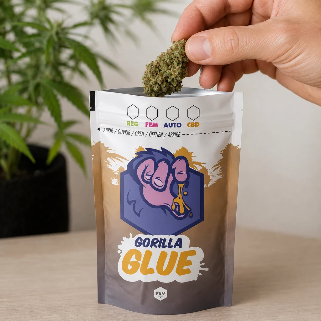 Una mano introduce un cogollo en una bolsa abierta con el texto Gorilla Glue y un dibujo de un gorila, con una planta al fondo.