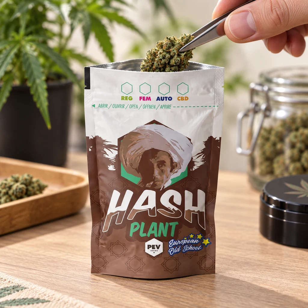 Escena generada de una mano con pinzas colocando un cogollo en una bolsa abierta Hash Plant, sobre una mesa junto a un tarro y un grinder.