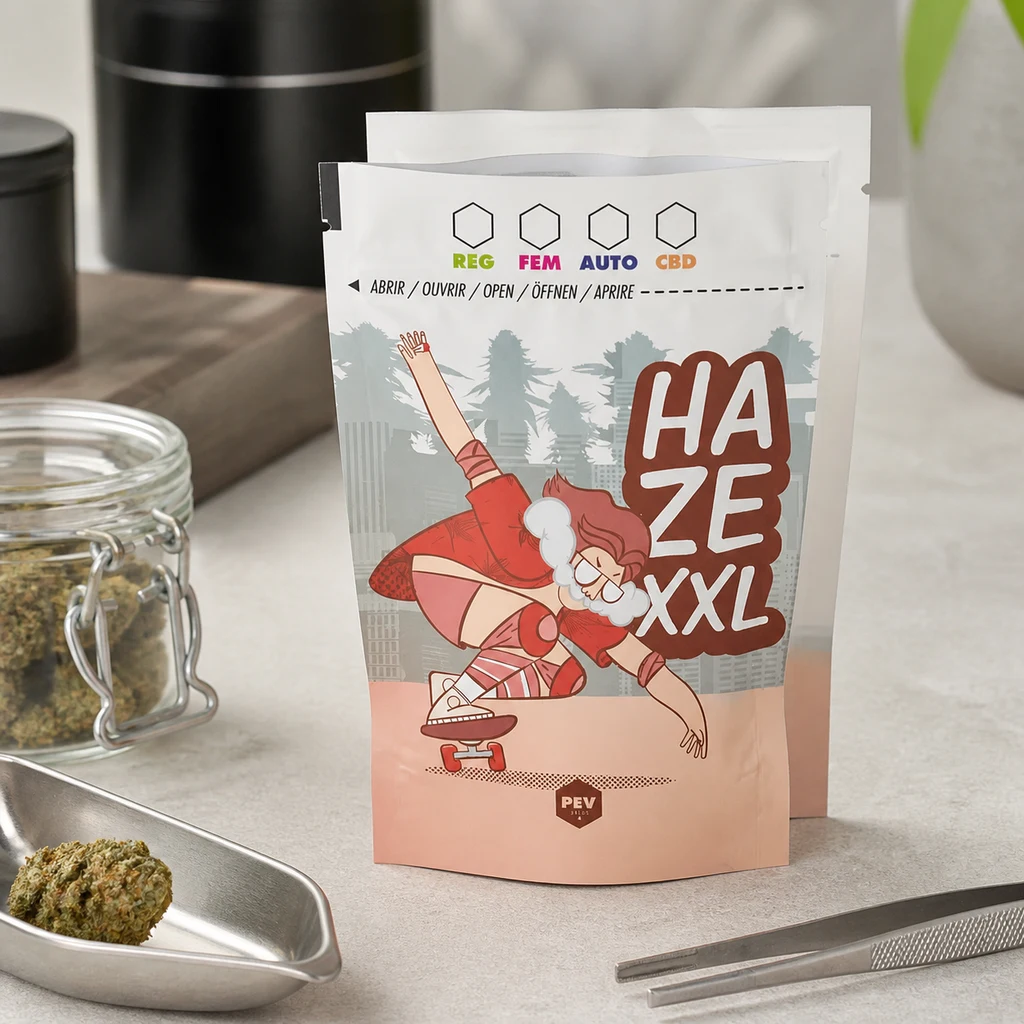 Escena ilustrada de una bolsa Haze XXL con un personaje en monopatín, junto a un tarro con cogollos, una bandeja y unas pinzas.