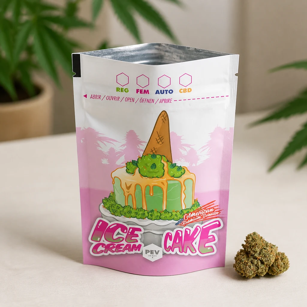 Bolsa abierta de PEV Seeds Ice Cream Cake, blanca y rosa con una tarta ilustrada, junto a un cogollo sobre una mesa.