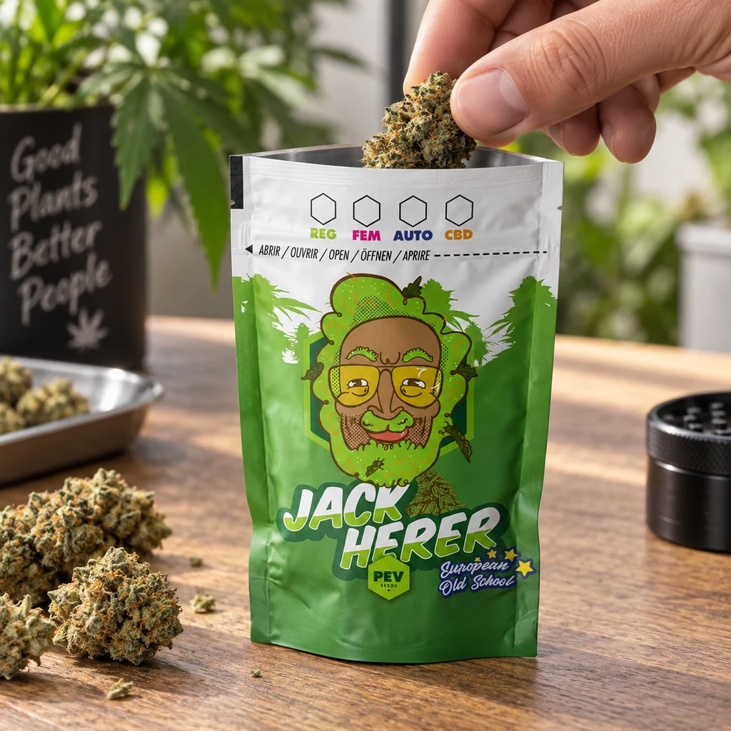 Escena generada de una mano introduciendo un cogollo en una bolsa verde Jack Herer, con cogollos y un grinder sobre una mesa de madera.