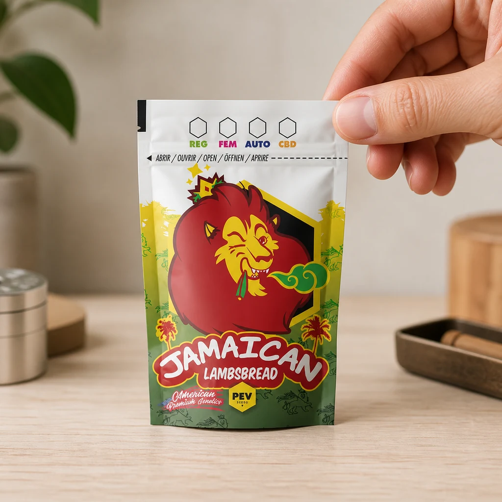 Una mano sujeta una bolsa Jamaican Lambsbread de PEV sobre una mesa, con un león ilustrado y diseño en rojo, amarillo y verde.