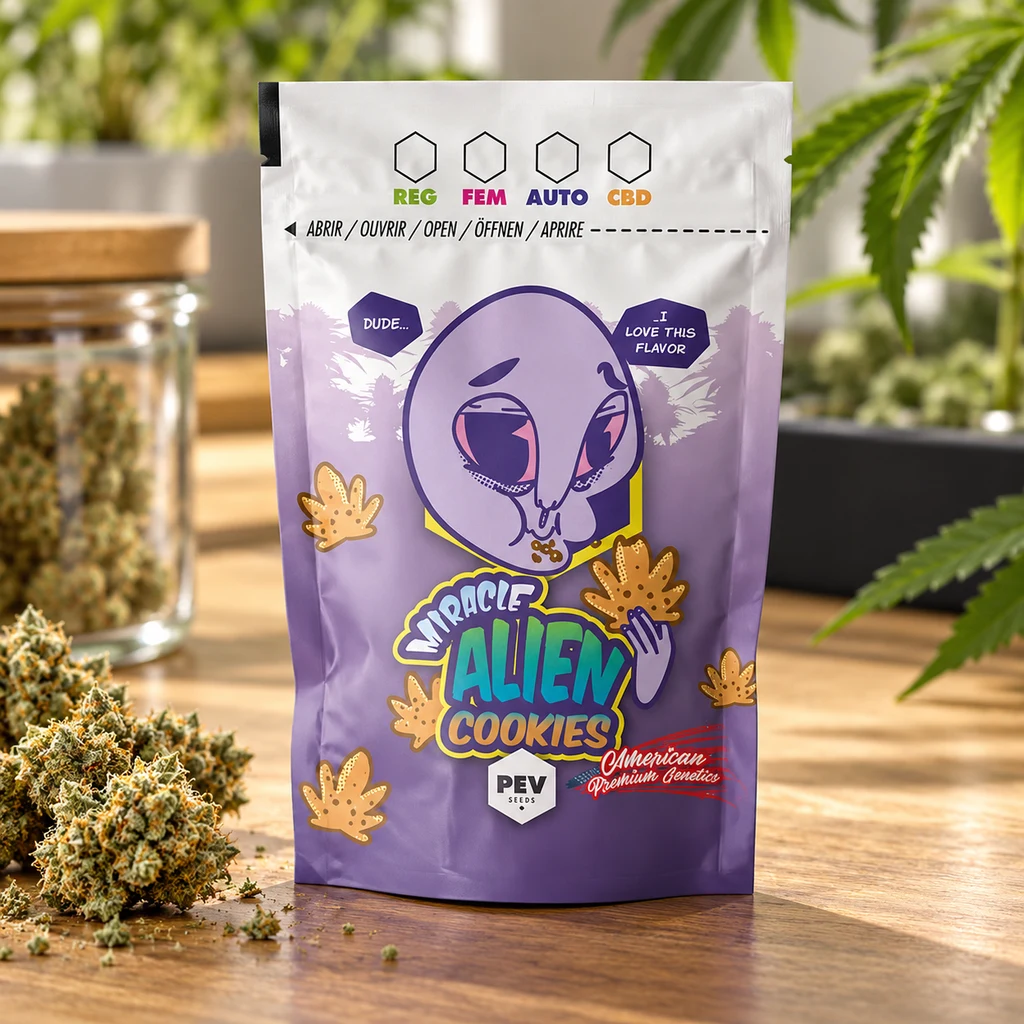 Bolsa morada Miracle Alien Cookies con un alienígena dibujado, sobre una mesa con cogollos y un tarro, en una escena generada.