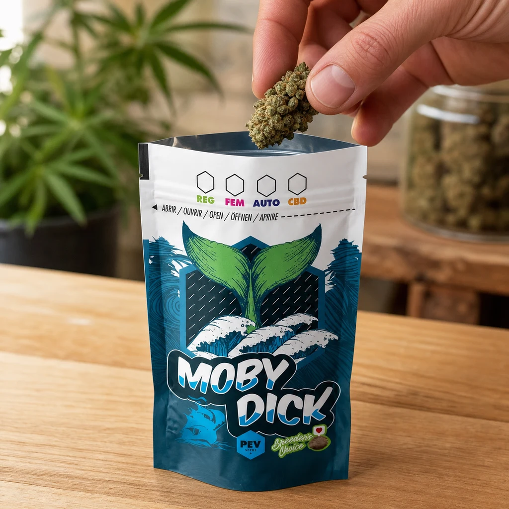 Una mano introduce un cogollo en una bolsa abierta Moby Dick, con ilustración de cola de ballena, sobre una mesa de madera.