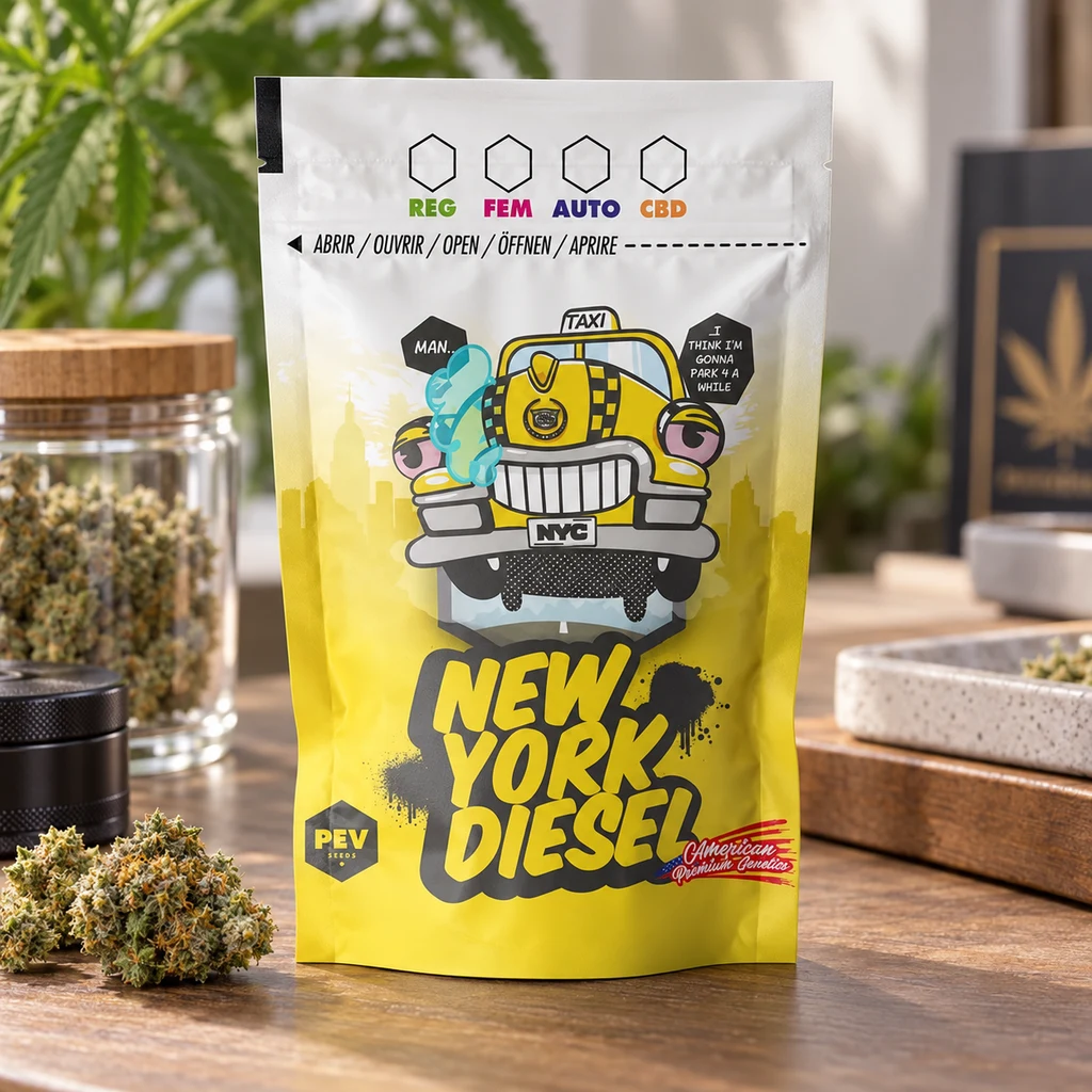 Bolsa New York Diesel blanca y amarilla con un taxi ilustrado, sobre una mesa junto a cogollos y un tarro.