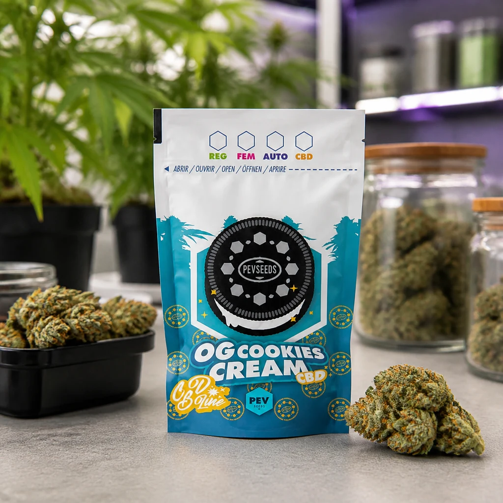 Bolsa OG Cookies Cream blanca y turquesa con dibujo de galleta, de pie sobre una mesa junto a cogollos y tarros.