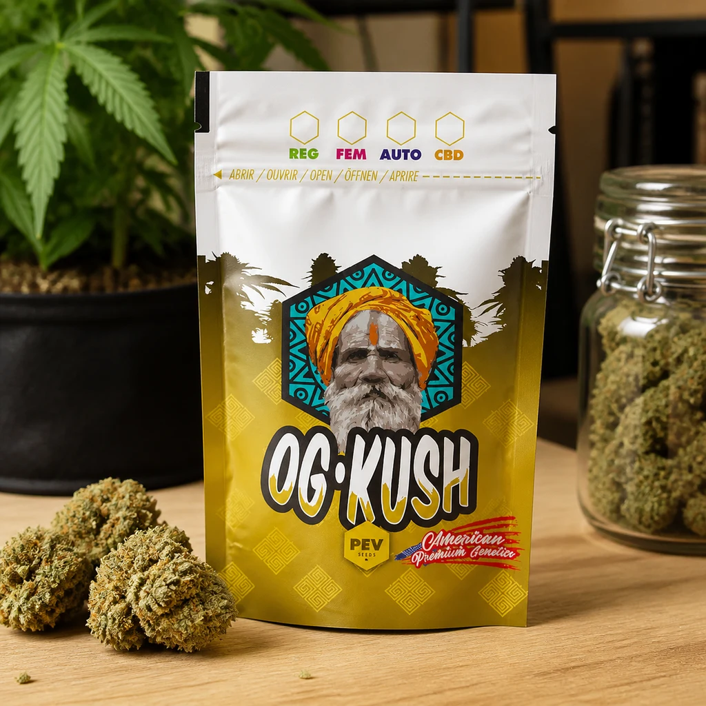 Bolsa OG Kush blanca y amarilla con un hombre de turbante ilustrado, sobre una mesa junto a cogollos, un tarro y una planta al fondo.