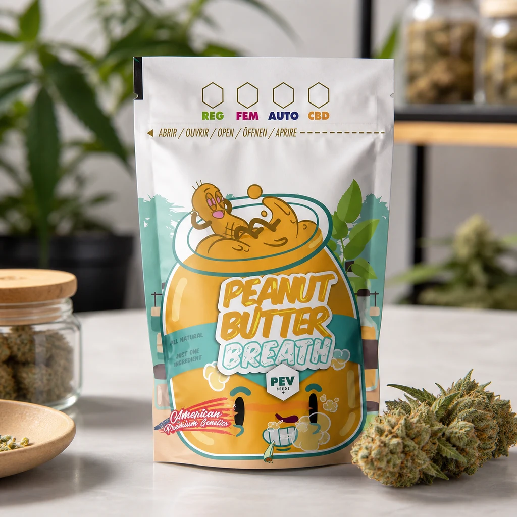 Bolsa Peanut Butter Breath con ilustración de un tarro amarillo y letras grandes, junto a cogollos y un frasco sobre una mesa.