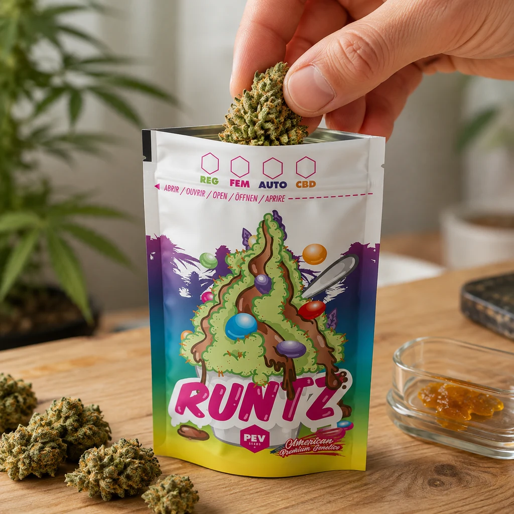 Una mano introduce un cogollo en una bolsa Runtz abierta, con ilustración multicolor, sobre una mesa con otros cogollos.