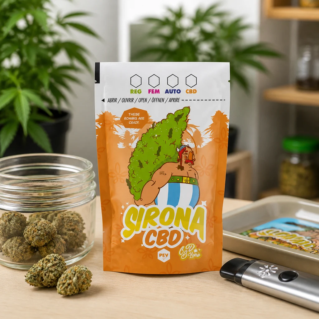 Bolsa naranja Sirona CBD con personaje ilustrado sobre una mesa, junto a un tarro con cogollos, una bandeja y un dispositivo plateado.