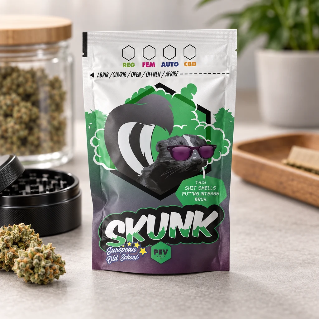 Bolsa Skunk de pie con una mofeta ilustrada con gafas moradas, junto a un grinder abierto, cogollos y un tarro al fondo.