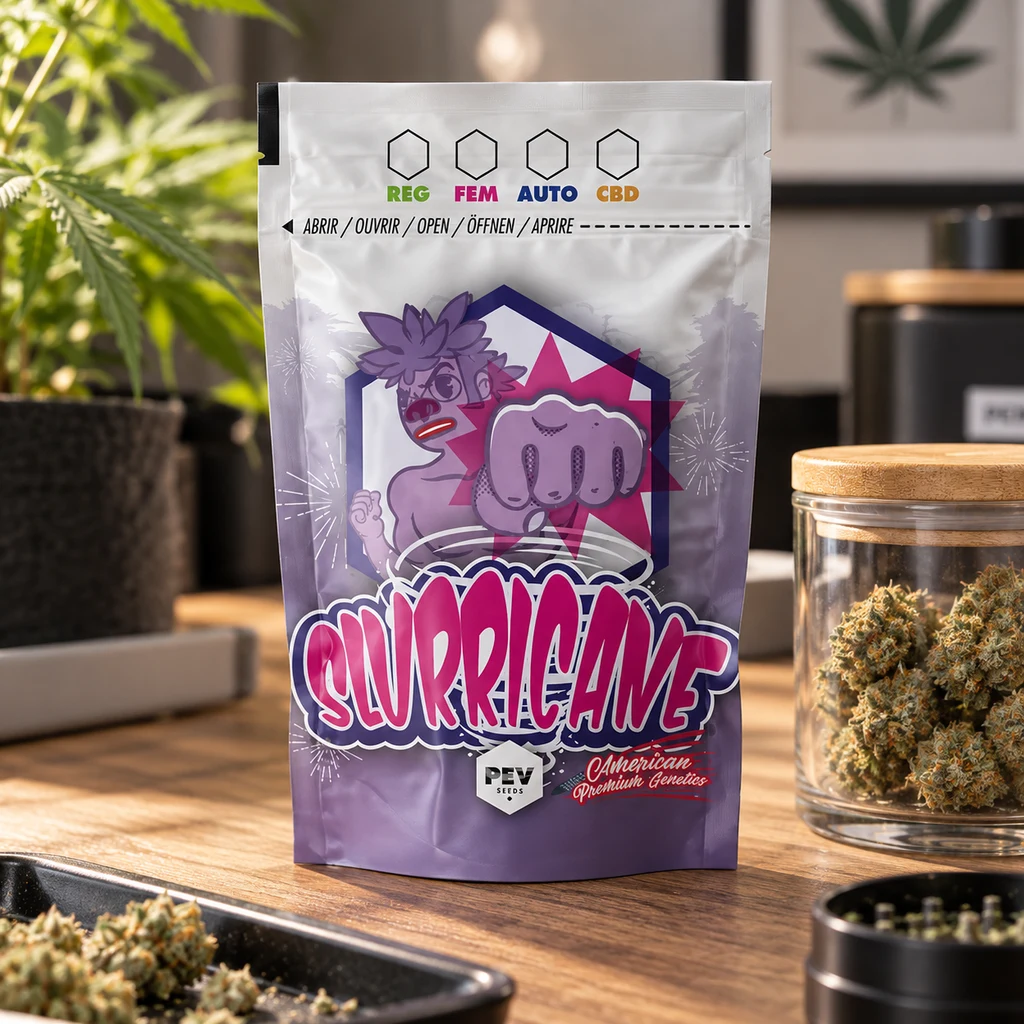 Bolsa Slurricane morada con personaje ilustrado y letras rosas, sobre una mesa junto a un tarro con cogollos en una escena generada.
