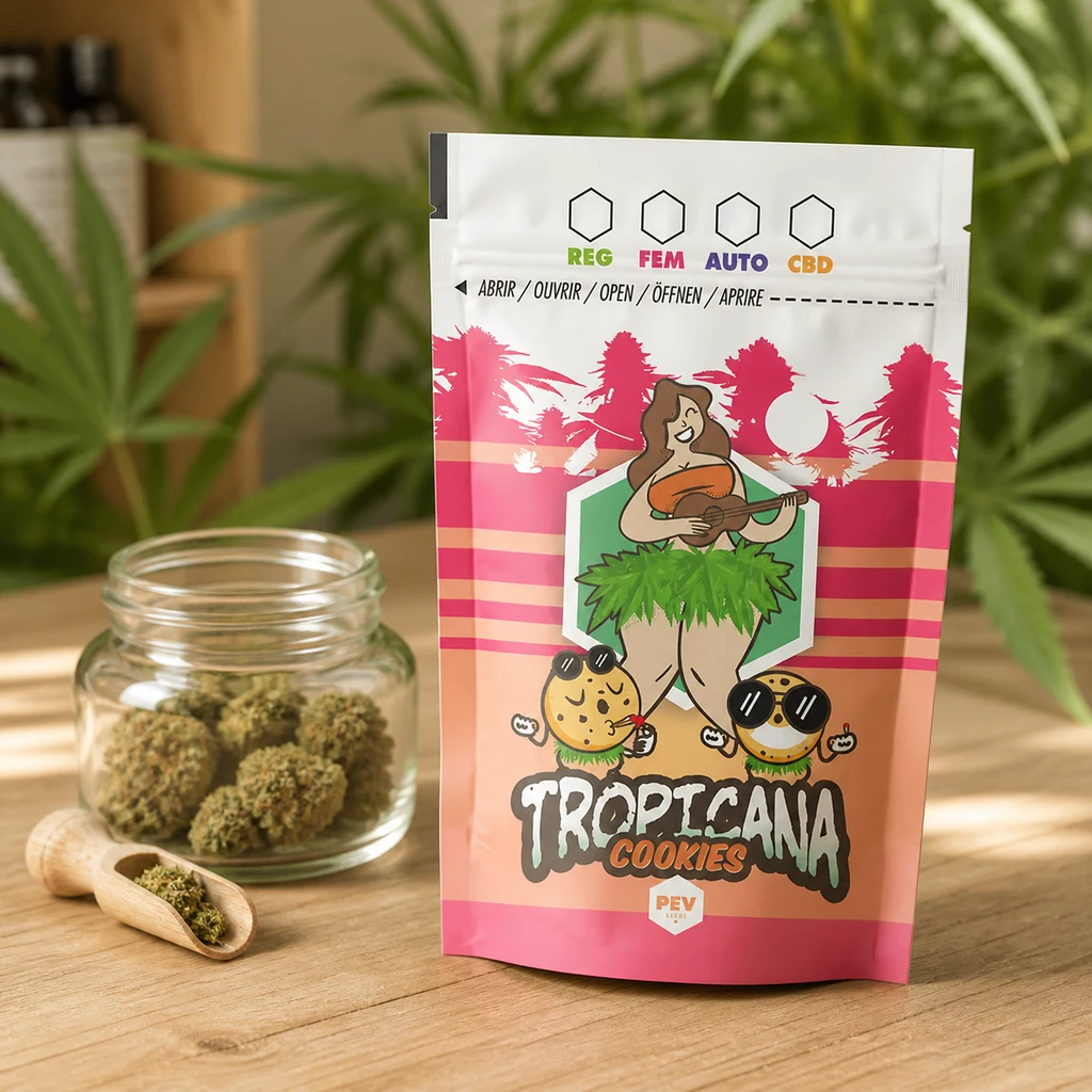 Bolsa Tropicana Cookies rosa con ilustración tropical, sobre una mesa junto a un tarro con cogollos y una pala de madera.