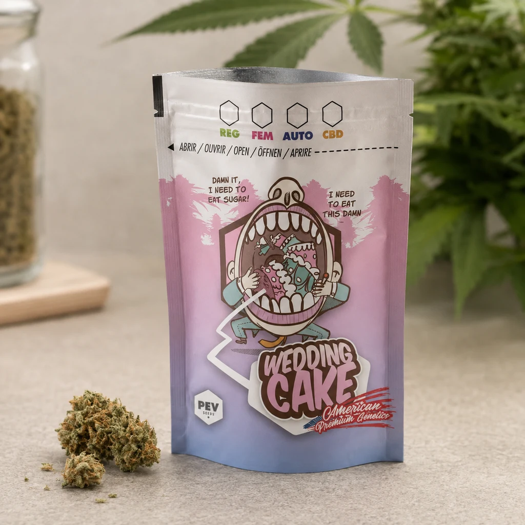Bolsa Wedding Cake con degradado rosa y azul y dibujo de una boca abierta, junto a cogollos sobre una superficie clara.