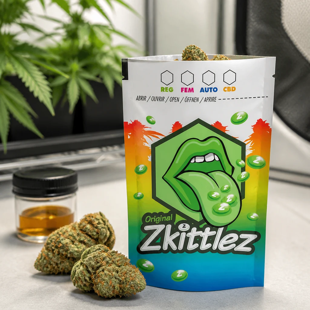 Bolsa Zkittlez multicolor con una boca verde y la lengua fuera, abierta y rodeada de cogollos sobre una mesa.
