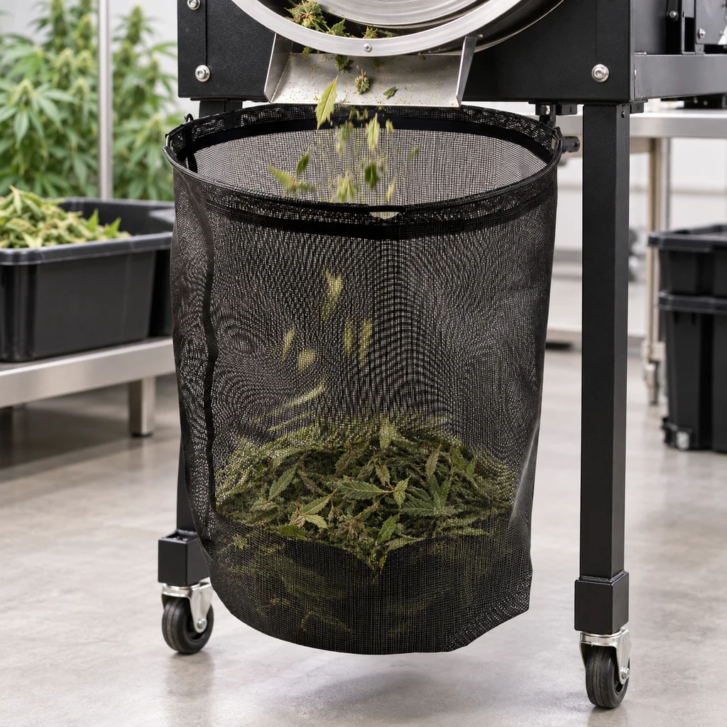 Bolsa de malla negra suspendida bajo una máquina peladora, con restos vegetales en el fondo y otros cayendo desde la salida superior.