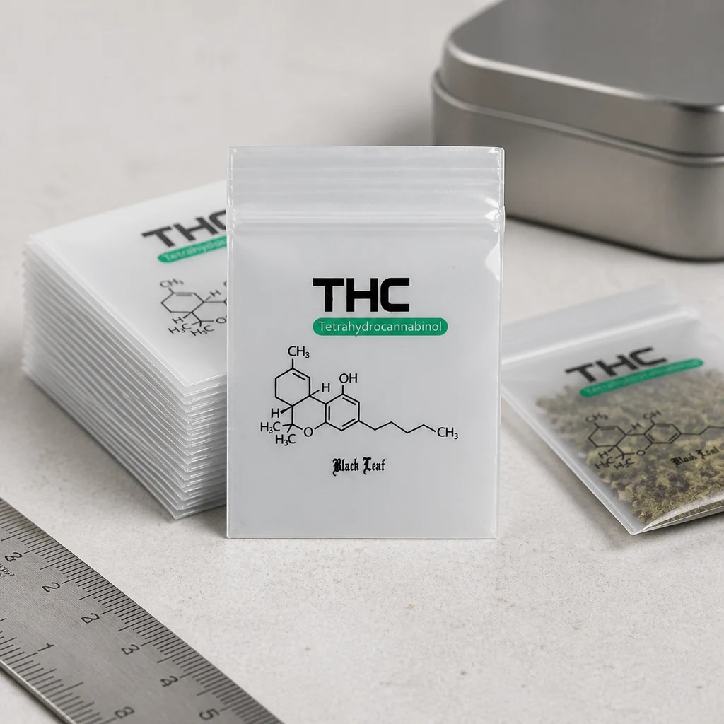 Bolsas con cierre zip, texto THC y fórmula química impresa, apiladas junto a una bolsa con contenido vegetal, una regla y una caja.