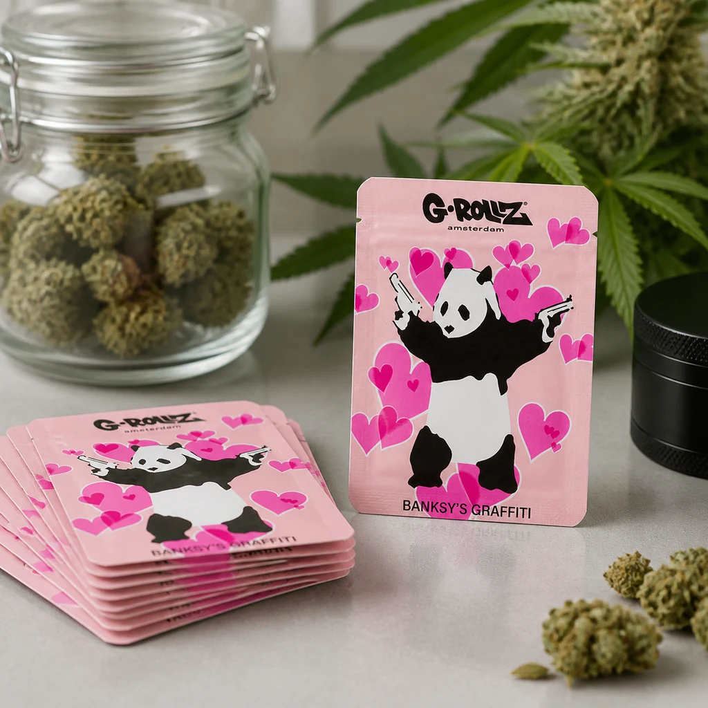Bolsas rosas G-Rollz con un panda que sostiene dos pistolas entre corazones, junto a un tarro con cogollos y un grinder negro.