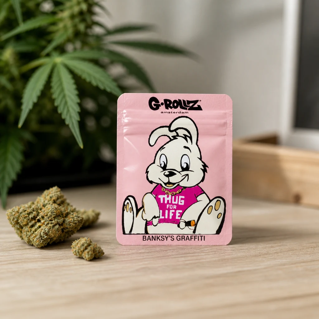 Bolsa rosa Banksy Thug Life con un conejo ilustrado, sobre una mesa junto a cogollos y una planta desenfocada al fondo.