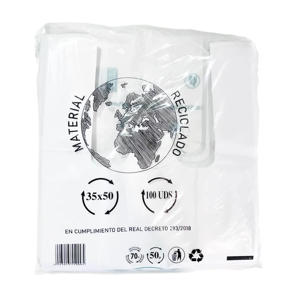 Paquete de bolsas camiseta blancas con un globo terráqueo, texto «Material reciclado», indicación de 100 unidades y símbolos de reciclaje. Paquete de bolsas camiseta blancas con un globo terráqueo, texto «Material reciclado», indicación de 100 unidades y símbolos de reciclaje.