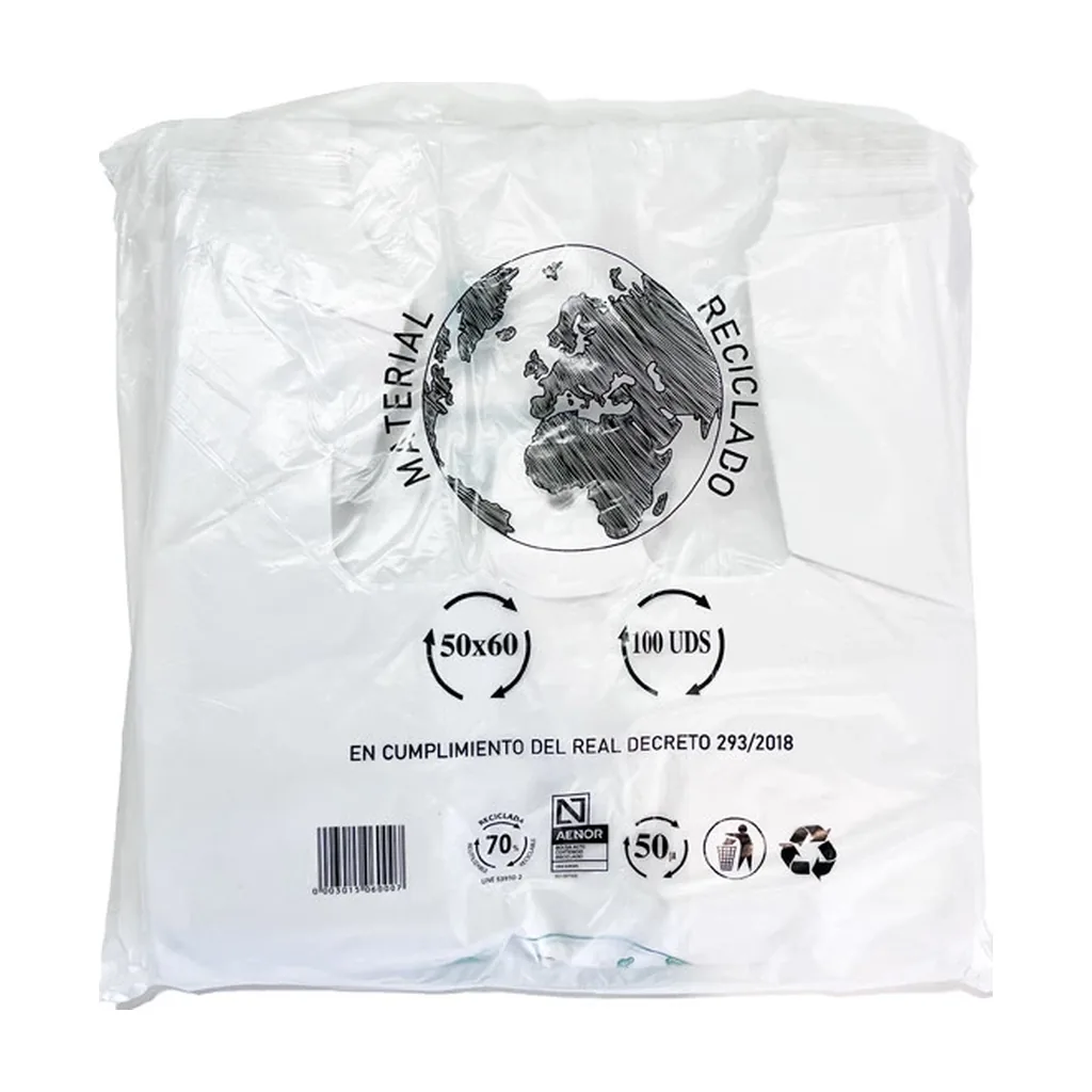 Paquete de bolsas blancas con asas, un globo terráqueo y el texto «Material reciclado», marcado con 100 unidades y símbolos de reciclaje. Paquete de bolsas blancas con asas, un globo terráqueo y el texto «Material reciclado», marcado con 100 unidades y símbolos de reciclaje.