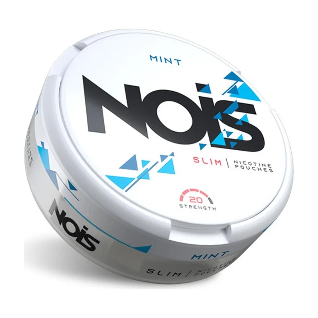 Envase redondo blanco Nois visto en perspectiva, con detalles azules y las inscripciones Mint, Slim y Strength 20.