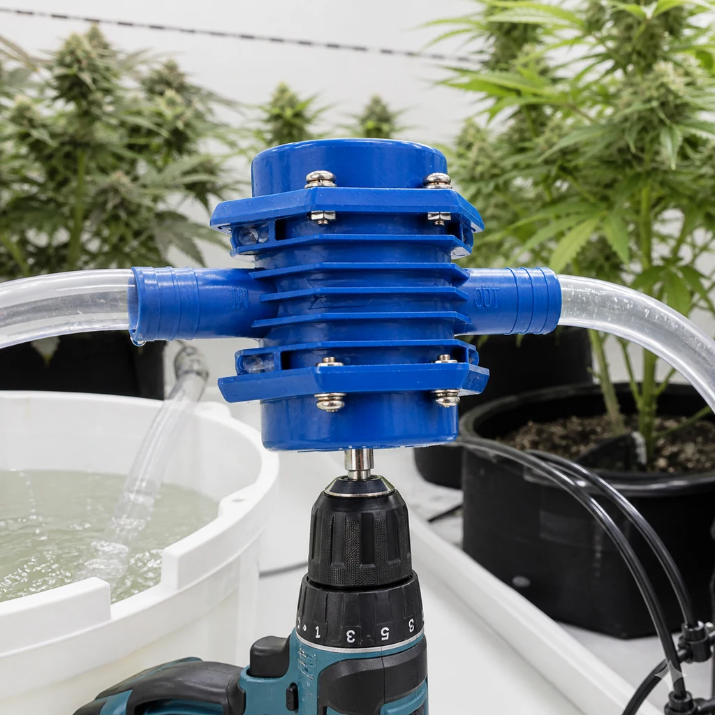 Escena generada de la bomba azul Water Master acoplada a un taladro, con mangueras transparentes junto a un cubo con agua y plantas en macetas.