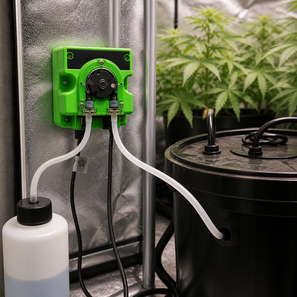 Escena generada de una bomba dosificadora verde, con tubos hacia una botella blanca y un depósito negro, junto a plantas en un armario de cultivo.