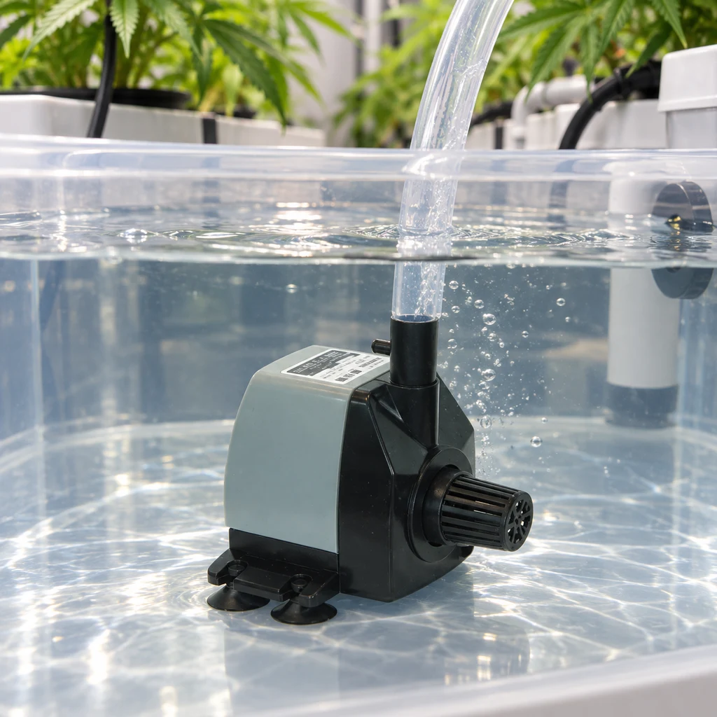 Bomba Aquaking HX 2500 sumergida en un depósito transparente, con tubo de salida, ventosas y burbujas alrededor.