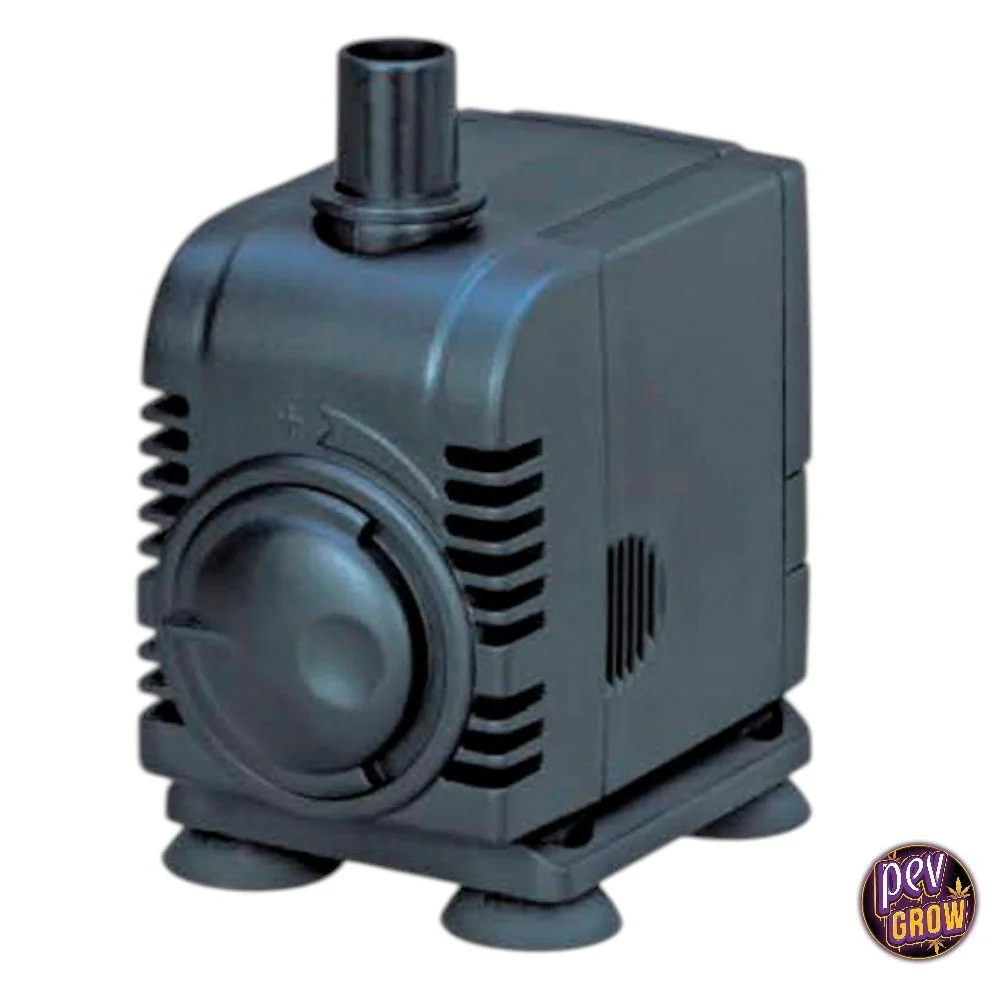 Bomba sumergible Boyu FP-150 negra, vista en perspectiva, con salida superior, rejillas laterales, mando frontal y ventosas.