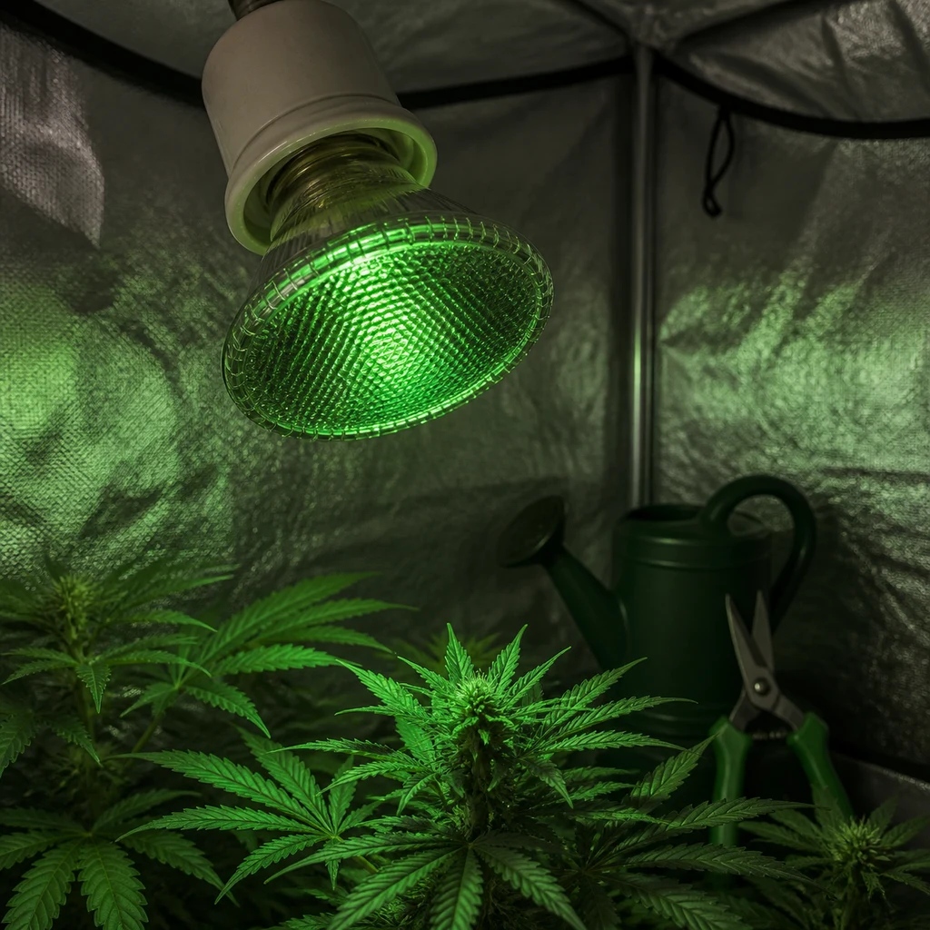 Escena generada de una Agrolite Dark Night Bulb con luz verde sobre plantas de cannabis, dentro de un armario reflectante.