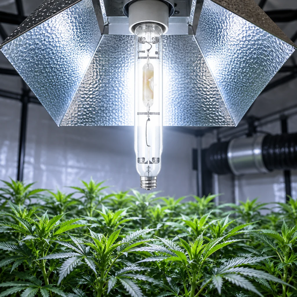 Escena generada de una bombilla tubular bajo un reflector metálico, suspendida sobre plantas en un espacio de cultivo interior.