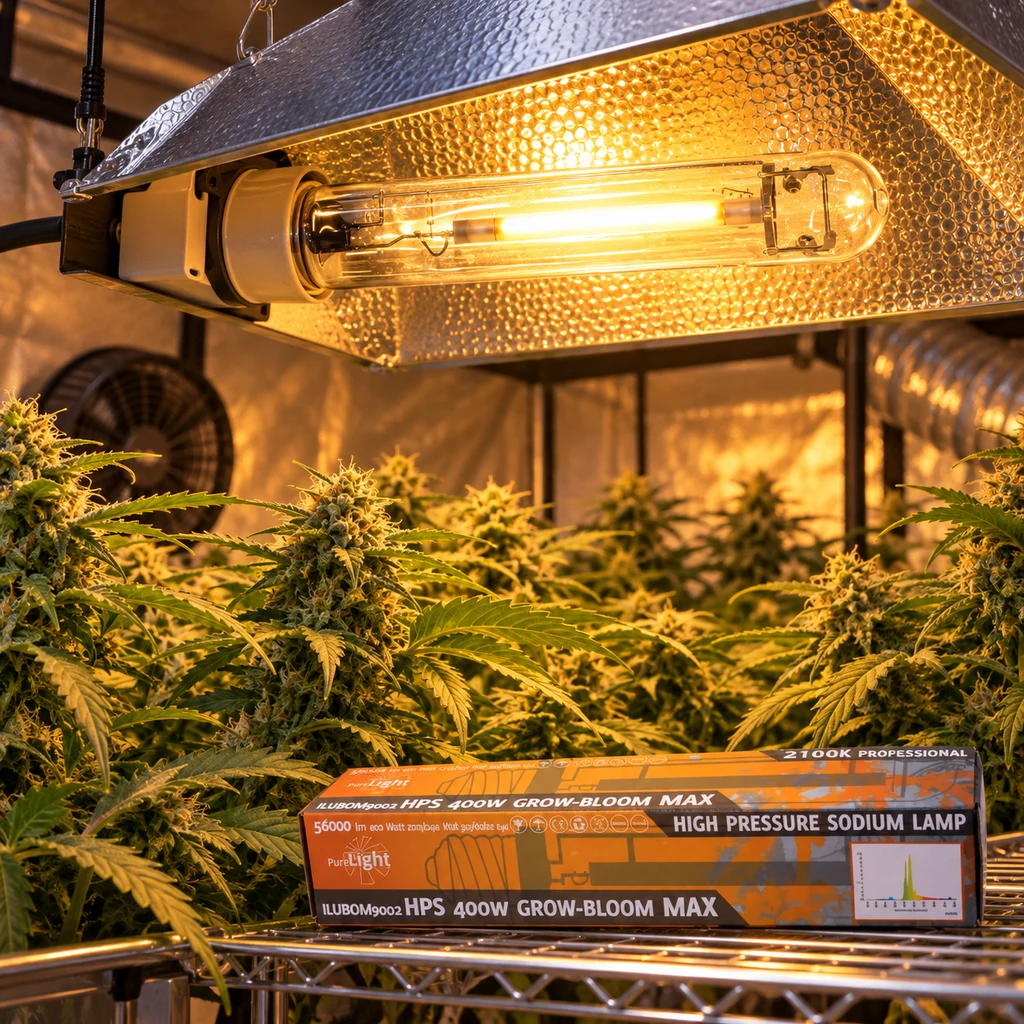 Escena generada de una bombilla encendida bajo un reflector sobre plantas de cannabis, con una caja Pure Light HPS de 400 W delante.