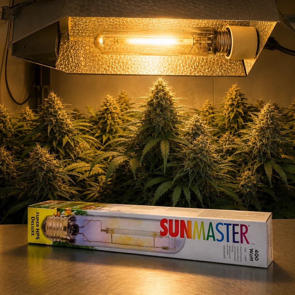 Escena generada de una bombilla encendida sobre plantas de cannabis y una caja SunMaster Super HPS Deluxe con etiqueta de 400 W.