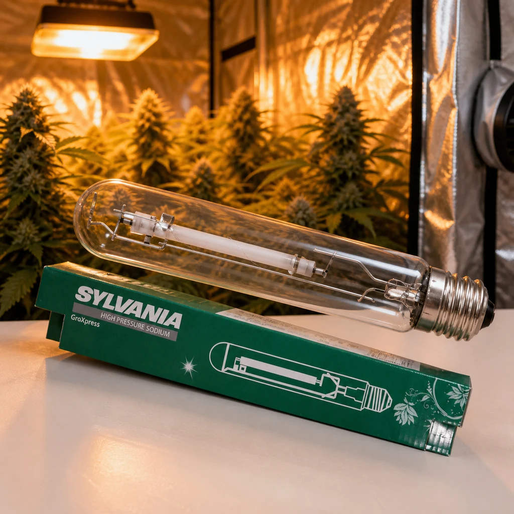 Bombilla tubular Sylvania con casquillo de rosca sobre su caja verde, ante un armario de cultivo con plantas e iluminación cálida.