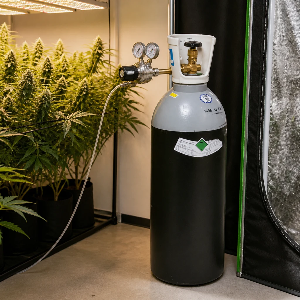 Botella de CO2 negra y gris con regulador, manómetros y tubo, junto a plantas bajo iluminación y un armario de cultivo abierto. Botella de CO2 negra y gris con regulador, manómetros y tubo, junto a plantas bajo iluminación y un armario de cultivo abierto.