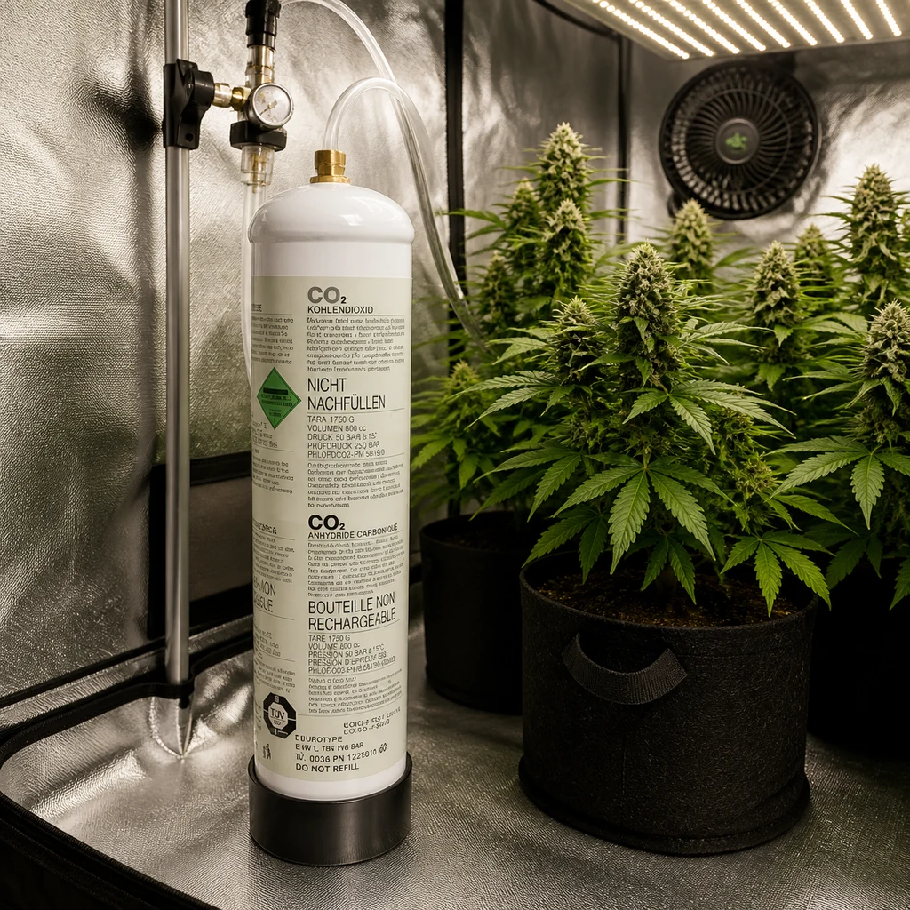 Cilindro blanco de CO₂ con tubos y manómetro junto a plantas en macetas, dentro de un armario con paredes reflectantes y luz superior.