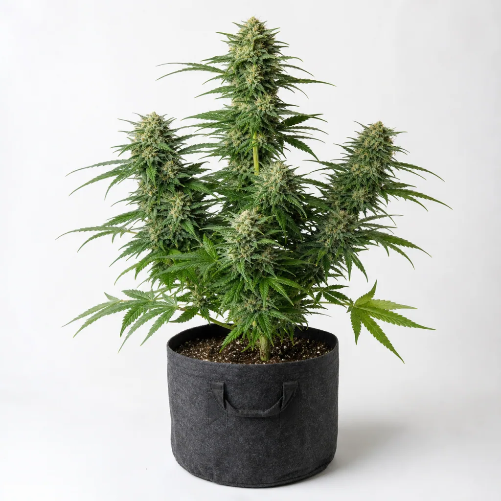 Planta de Bona Dea CBD+ en floración, con cogollo central alto y ramas laterales cargadas de flores, en maceta oscura sobre fondo blanco.