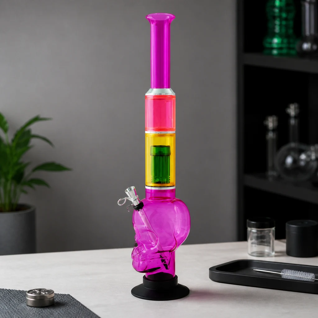 Bong rosa con base en forma de calavera, tubo con secciones amarilla y rosa, pieza interior verde y soporte negro sobre una mesa.