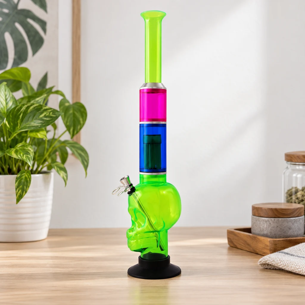 Bong verde con cámara en forma de calavera, cuello con tramos rosa y azul y base negra, sobre una mesa de madera.