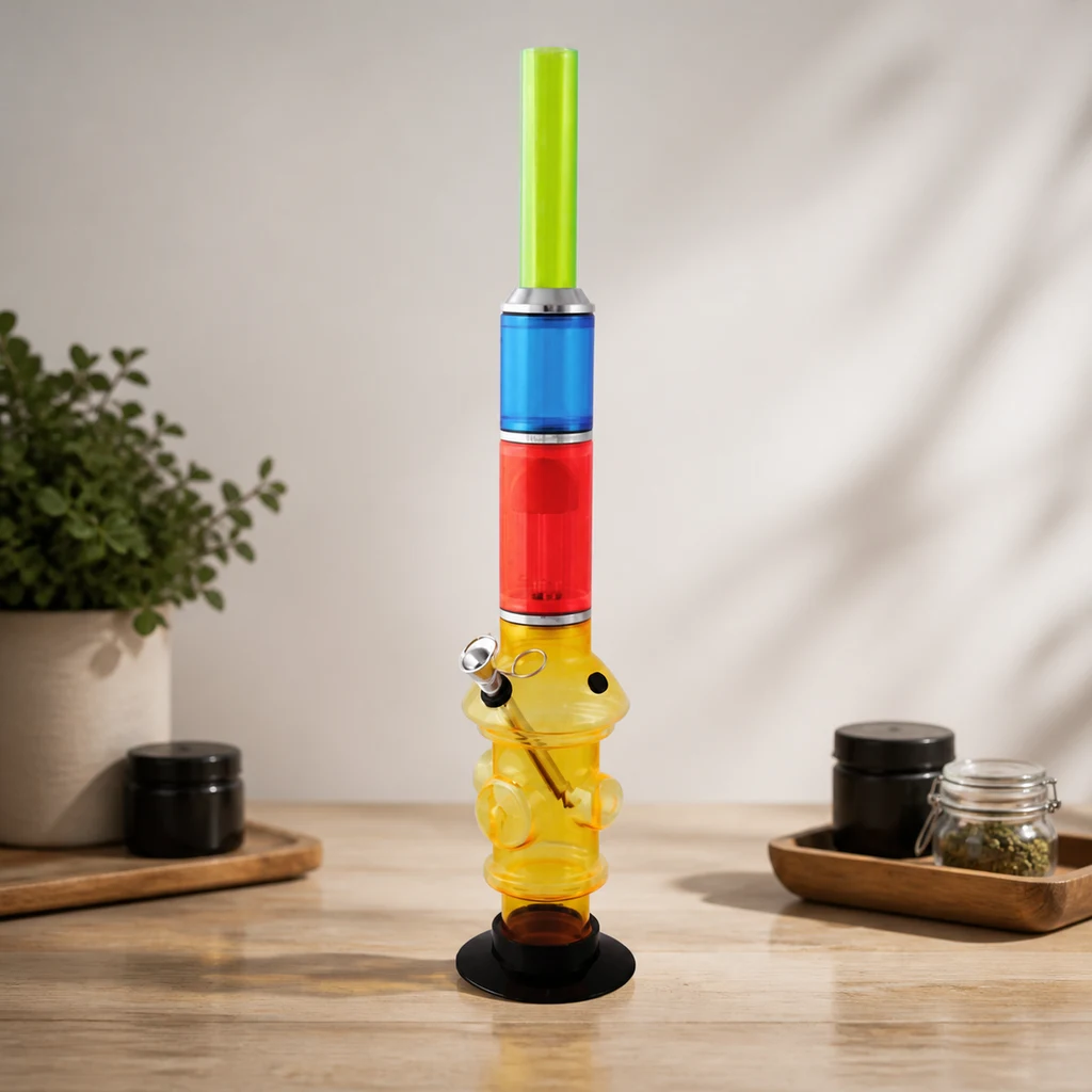 Bong multicolor con tubo verde, tramos azul y rojo, cámara amarilla y base negra, sobre una mesa junto a recipientes.