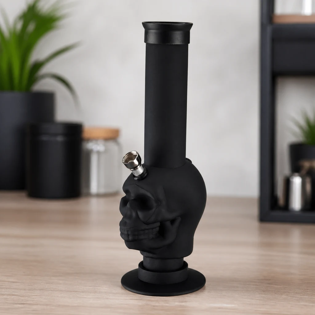 Bong negro con cuerpo en forma de calavera, tubo recto alto, cazoleta metálica lateral y base circular sobre una mesa de madera.