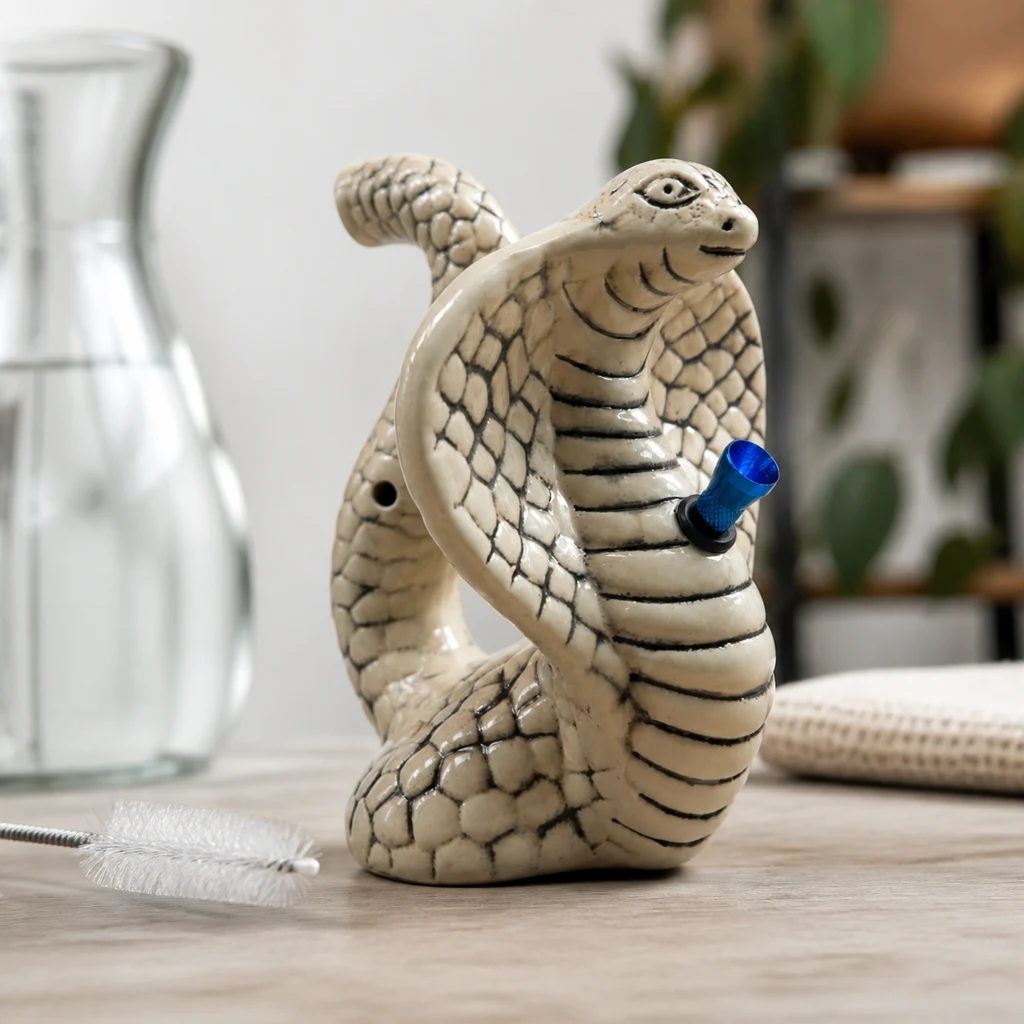 Bong de cerámica en forma de cobra erguida, de color crema con escamas oscuras y cazoleta azul, sobre una mesa junto a un cepillo.