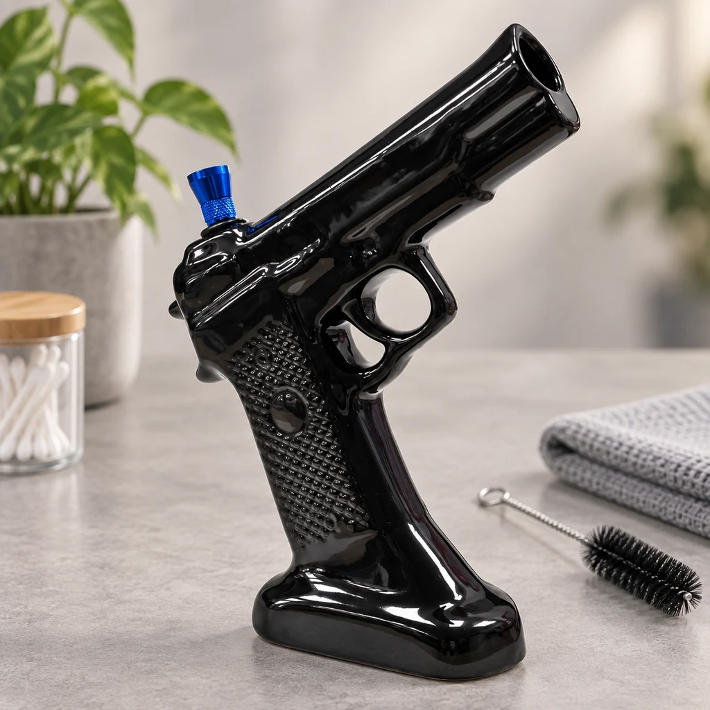 Bong negro brillante en forma de pistola, con cazoleta azul, sobre una encimera junto a un cepillo de limpieza y una toalla.