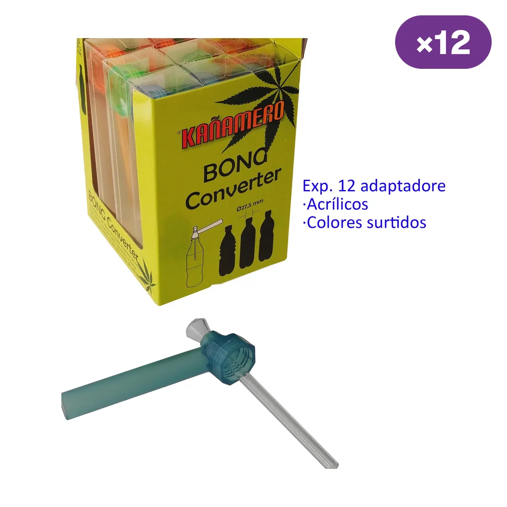 Caja expositora amarilla Bong Converter con distintivo de 12 unidades y un adaptador de cuerpo verde azulado y tubo transparente delante.