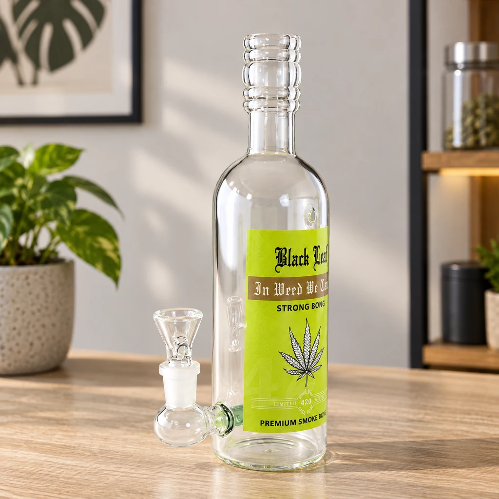 Bong transparente en forma de botella, con etiqueta verde y cazoleta lateral, sobre una mesa de madera con plantas al fondo.