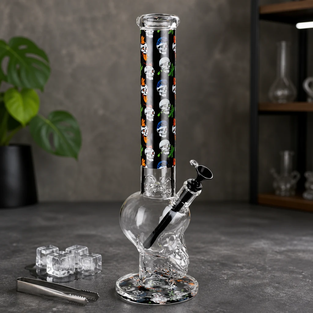 Bong transparente con cámara en forma de calavera y tubo decorado con cráneos de colores, sobre una mesa junto a cubitos y pinzas.