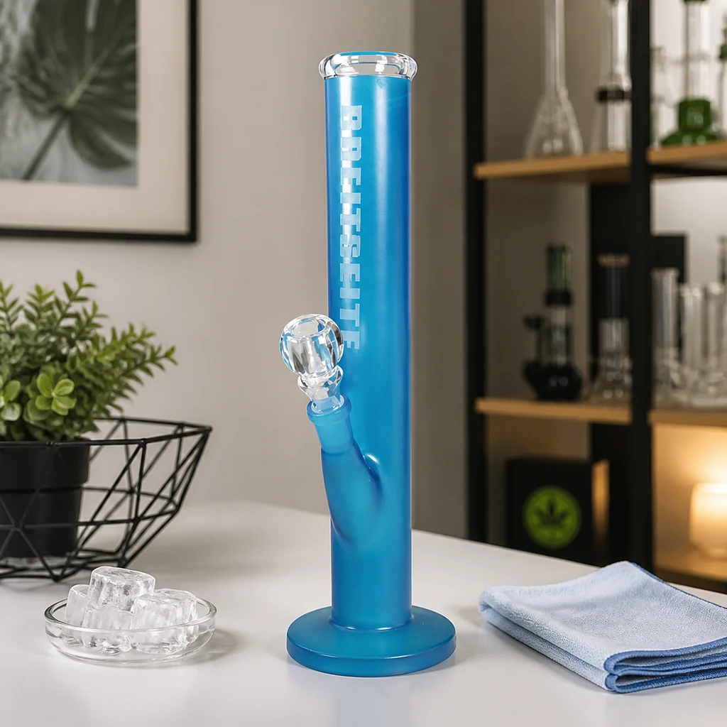 Bong Blue Ice azul de tubo recto y base circular, sobre una mesa junto a un recipiente con hielo y un paño azul en una escena generada.